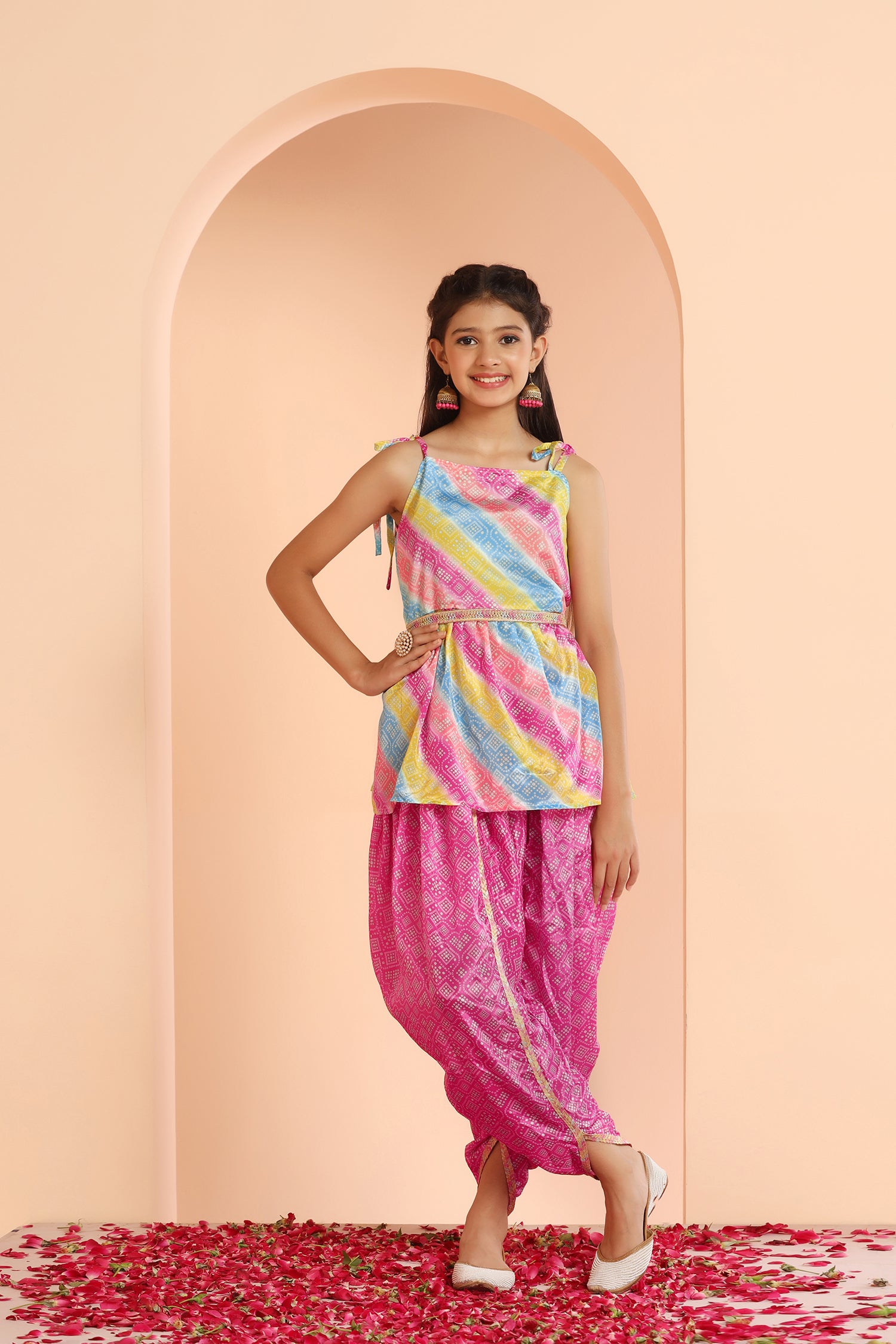Girls Pink & Gold-Toned Printed Kurta with Dhoti Pants – Sri Saanvi Fashions